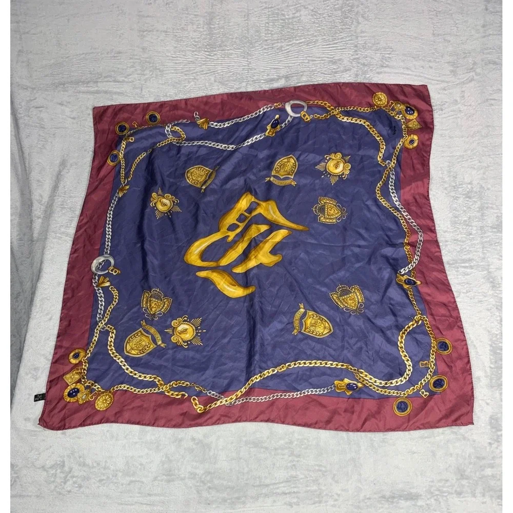 Bogner Vintage Silk Square Scarf Blue Burgundy Gold Chain Crest Made in Italy